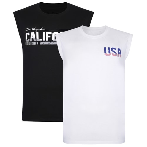 Bigdude Ärmelloses T-Shirt mit USA-Print, 2er-Pack, Schwarz/Weiß